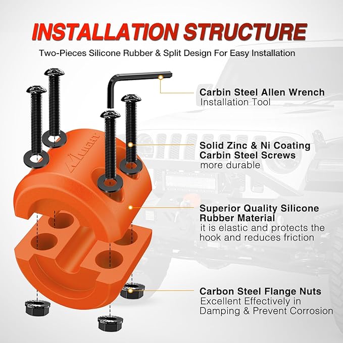 Nilight Winch Stopper for ATV UTV Truck SUV Winch Cable Hook Rubber Stopper 2 Pack Protect Towing Hook Synthetic Rope Winch Accessories Rope Line Saver with Stainless Steel Screws Allen Wrenc, Orange
