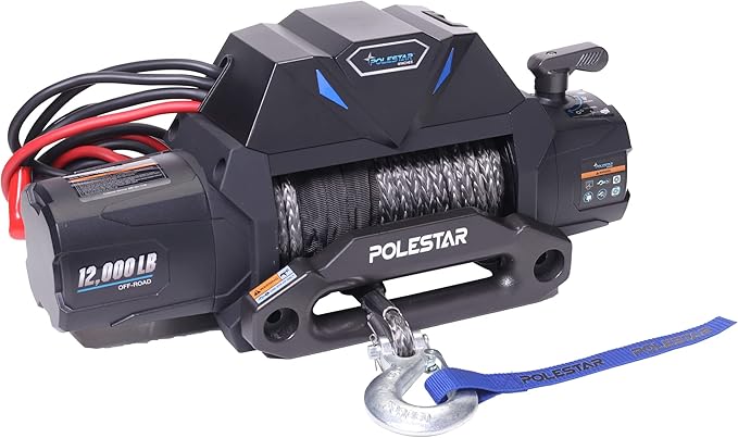 POLESTAR 12V DC 12,000 lb Electric Winch with Waterproof Synthetic Rope 3/8" Diameter x 82' Length, Wireless Remote Control
