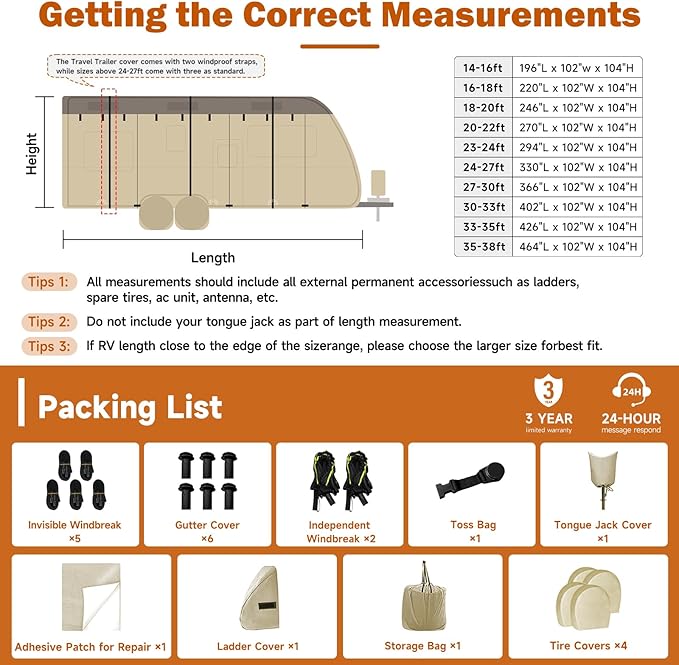 Umbrauto Travel Trailer RV Cover – Upgraded 7-Layer Top Camper Cover, Waterproof & Windproof Trailer Cover for 14'-16' RV, Includes 4 Tire Covers, Tongue Jack Cover and Gutter Cover