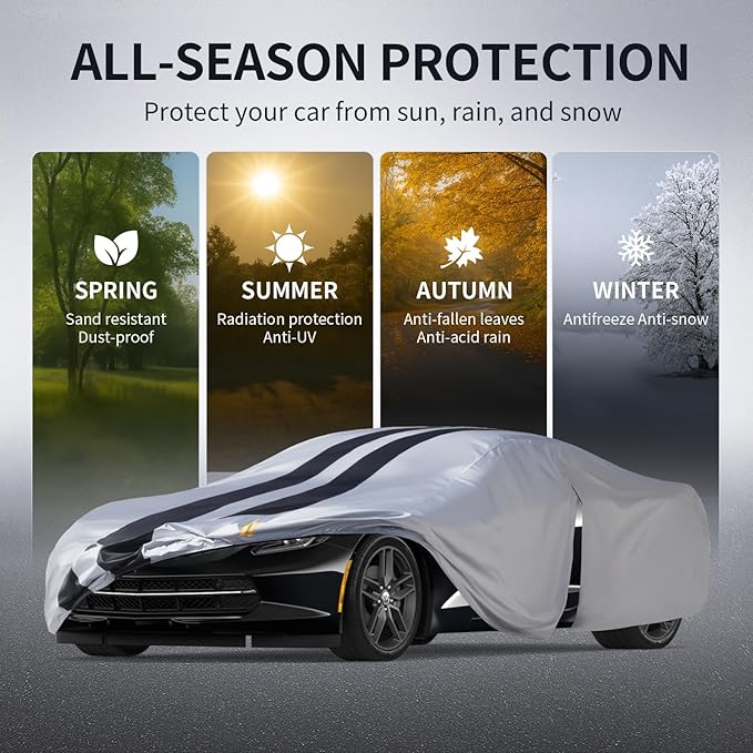10 Layers Sedan Car Cover Custom Fit for Chevrolet Corvette C4/C5/C6/C7(1980-2025), 100% Waterproof All Weather, Gift with Towel, Heavy Duty Car Covers for Rain Sun UV Protection with Door Zipper.