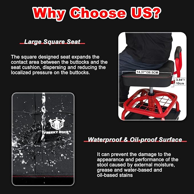 Rolling Shop Stool with Wheels, Garage Mechanic Shop Chair with Handle Backrest, Adjustable Height Work Stool, Roller Seat with Tool Tray Storage, Heavy Duty, 330 LBS Capacity, Red