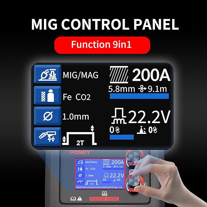 PONEY 200Amp Double Pulse MIG Aluminum Welder 9 in 1 MIG/MAG/FLUX/MIG Synergy/Single Pulse MIG/Double Pulse MIG/TIG LIFT/Spot Welding/MMA 220V Multi Process Welding Machine with LCD Digital Display