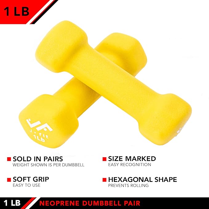 JFIT Dumbbell Pairs or Sets – Neoprene & Vinyl Coated Hand Weights for Home Gym, Strength Training, Aerobics, Cardio Exercise and Fitness