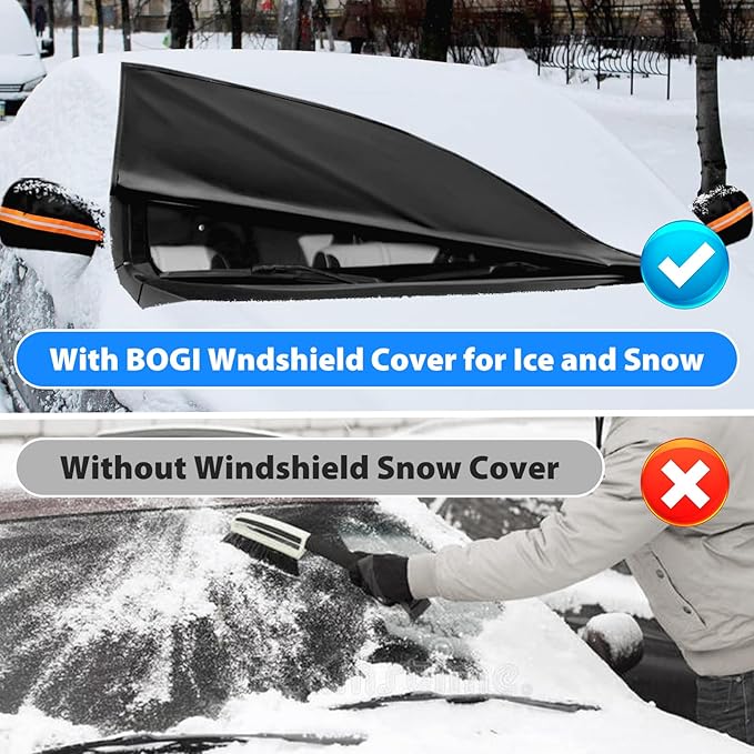 BOGI Windshield Cover for Ice and Snow, Heavy Duty 600D Windshield Snow Cover with 2 Mirror Covers Waterproof Car Cover for Snow Windshield Protector for Cars, SUVs, Trucks (77"x47")