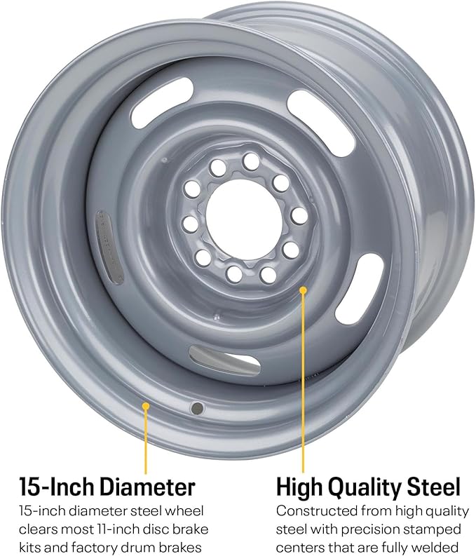 Speedway Motors GM Dual Pattern Silver 15” x 8” Rally Wheel, 5 x 4.5 Inch – 5 x 4.75 Inch Bolt Direct-Fit Bolt Pattern, Rear-Wheel Drive Vehicle Only