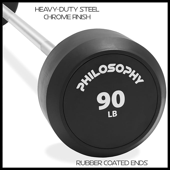 Philosophy Gym Rubber Fixed Barbell, Pre-Loaded Weight Straight Bar for Strength Training & Weightlifting