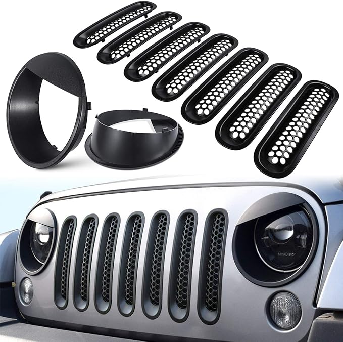 Front Grille Mesh Inserts & Headlight Cover for Jeep Wrangler JK JKU Sport Freedom Rubicon Sahara Unlimited 2007-2018 Exterior Accessories Clip-in Grille Guard Headlight Bezels Trim (Matte Black)