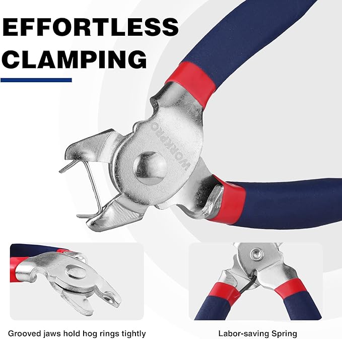 WORKPRO Bent Hog Ring Pliers with 500 Pcs 3/4" Hog Rings, Galvanized Steel Hog Rings Perfect for Furniture Upholstery, Auto Upholstery, Plastic Meat & Sausage Casings