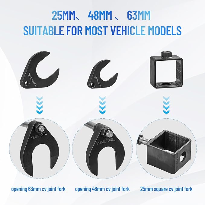 CV Axle Puller Tool, master CV joint puller set 63mm 48mm CV Joint Fork, CV Axle Removal Tool,Outer CV Joint Adapter Steel Cable Adapter,7 hole ball cage universal removal tool,Slide Hammer Extension