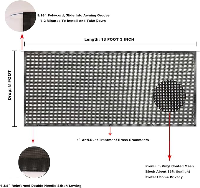 Tentproinc RV Awning Sun Shade Screen 8' X 18' 3'' (Fit for 19' Awning) Mesh Screen Sunshade Complete Kits Motorhome Camping Trailer Shadescreen Sunscreen UV SunBlocker - 3 Year Warranty (Black)