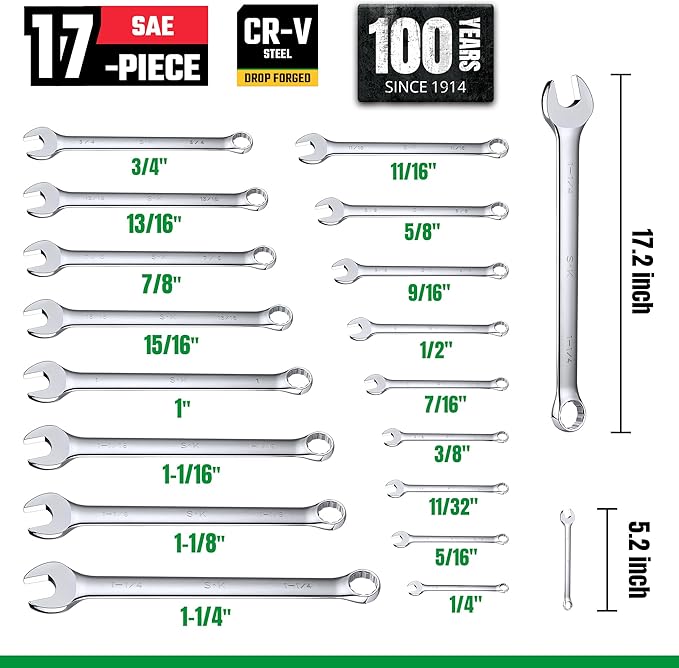 SK Combination Wrench Set, SAE 1/4" to 1-1/4", Metric 6 to 32mm, 42-Piece, SuperKrome Finish, Premium CR-V Construction, with Rolling Pouch