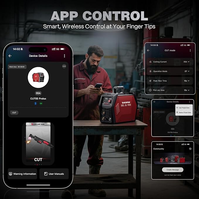 ARCCAPTAIN iControl CUT55 Prolux Plasma Cutter Machine, [APP Control] 55 Amp Non-Touch Pilot Arc, 120V/240V, Upgraded LED Display, Expanded Metal, Rust Removal, Air Pressure Detection for Home DIY