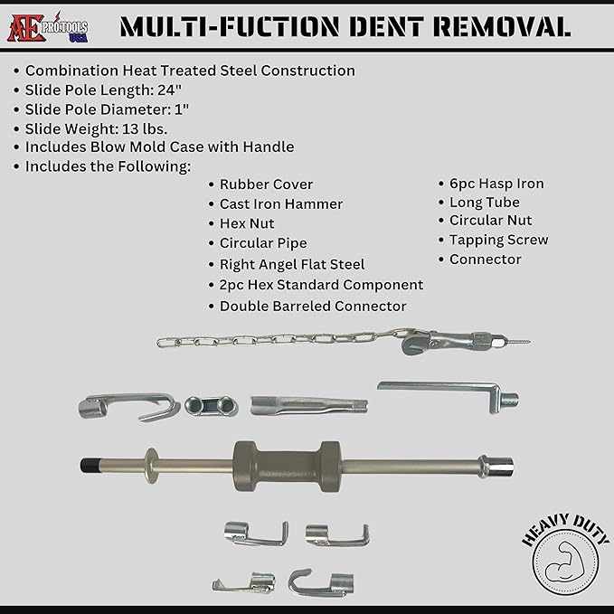 ATE Pro. Tools - Heavy Duty Slide Hammer Dent Puller Set, 13LB Universal Slide Hammer Auto Body and Truck Repair Tool, Multi-use Dent Repair Tool for Cars, Trucks, and More - 18pc Set w/case