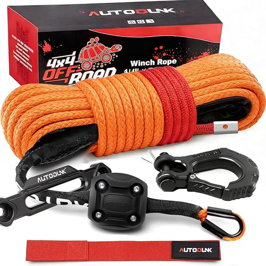 Synthetic Winch Rope-1/4 x 50ft 10,000LBS Winch Line with 6" Fairlead, Forged Winch Hook and Rubber Stopper, Protective Sleeve Synthetic Winch Cable for 4WD ATV UTV Offroad Vehicles, Orange