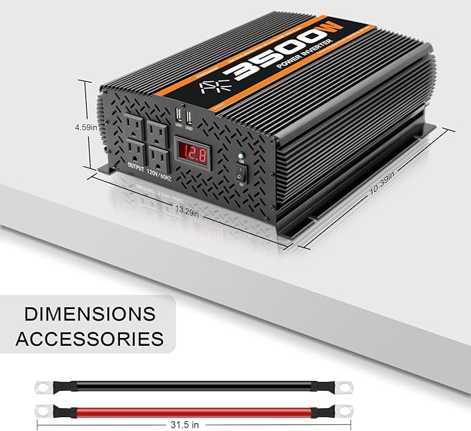 3500 Watt 12v Power Inverter for Vehicles car Truck RV Solar, dc 12v to 110v ac Converter with 4 AC Power Outlets 2 USB Ports LCD Display-3500W