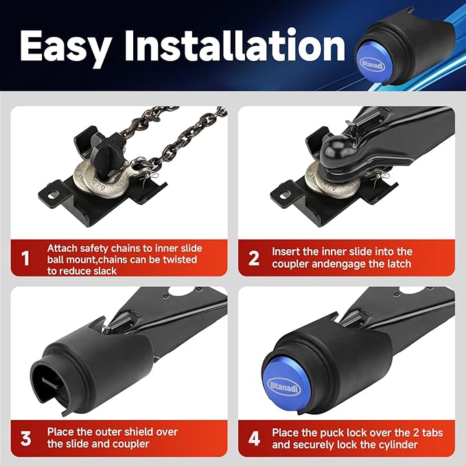 Trailer Lock Fits 2 Inch Coupler, Upgraded Heavy-Duty Steel Hitch Lock, Anti-Theft & Pry-Resistant for RV, Boat, Cargo Trailer (Blue)