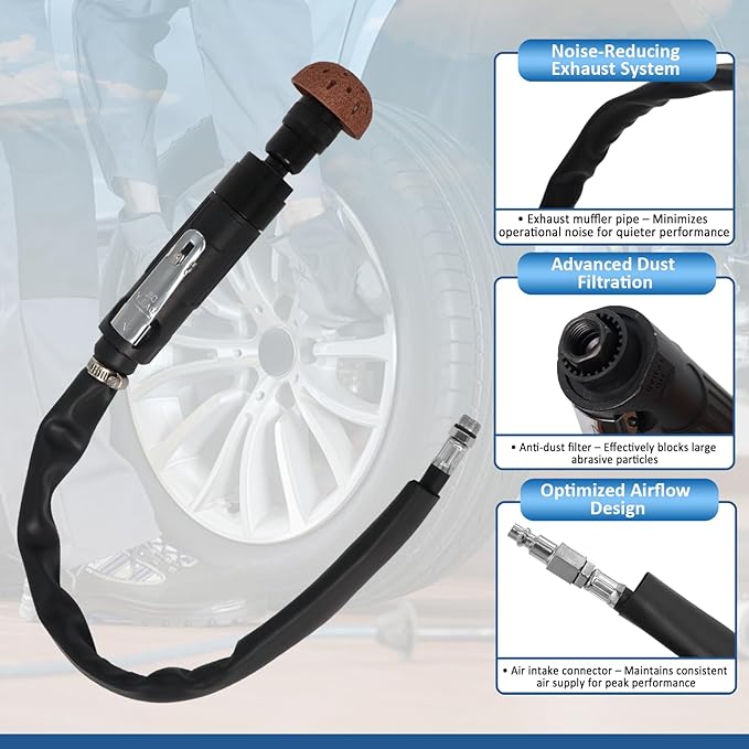 Air Tire Repair Polish Patch Kit Heavy Duty - Includes 2500RPM Air Tire Buffer, Tire Inner Liner Scraper, 4 Tungsten Steel Buffing Wheel, Patch Roller, & Wire Brush - Professional Tire Patch Tools