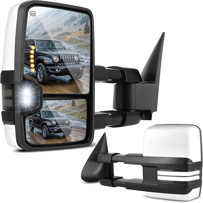 DWVO Towing Mirrors Compatible with 03-06 Silverado Sierra 1500 2500 HD 3500 Escalade Suburban Tahoe Yukon, LED Turn Signal Light Running Lights Power Heated Manually Folding Switchback White