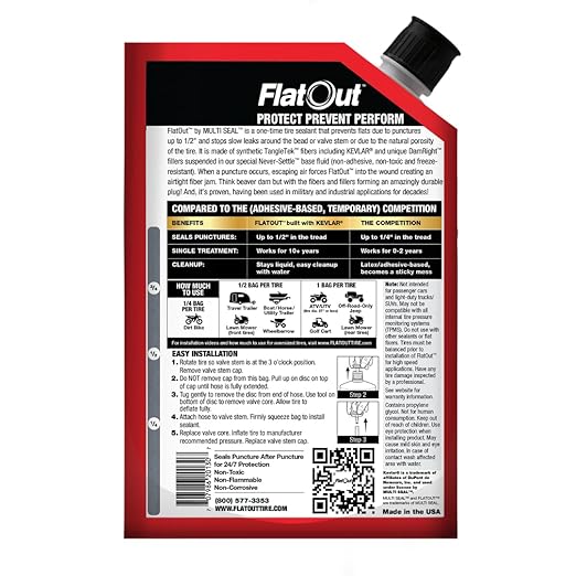 FlatOut Off-Road Multi-Purpose Tire Sealant - Prevents and Repairs Flat Tires - Seals Leaks - Contains Kevlar - Tubeless Tire Sealant - 32-Ounce Bag - Pack of 1