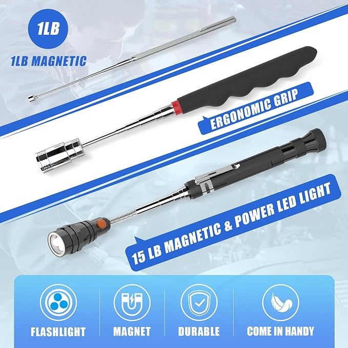 5 PCS Magnetic Pickup Tool Set, 1lb & 15lb Pick Up Rod, Magnetic Flashlight Pickup Tool, Round and Square 360 Swivel Adjustable Inspection Mirror, Fathers Day Dad Gifts, Birthday Gifts for Men, Him