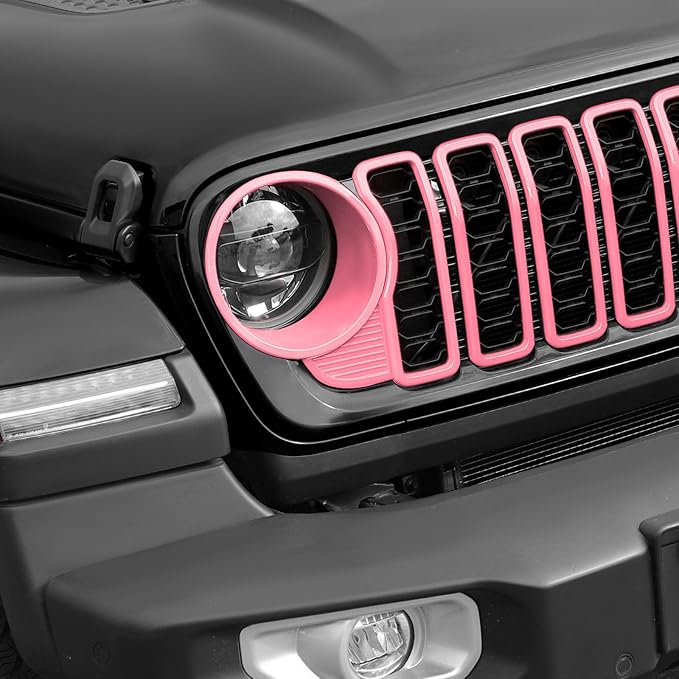 Front Grill Insert+Headlight Turn Light Cover Compatible with 2024-2025 Jeep Wrangler JL JLU & Gladiator JT Exterior Accessories,Not Fit for JL Sport & Sports (Pink)
