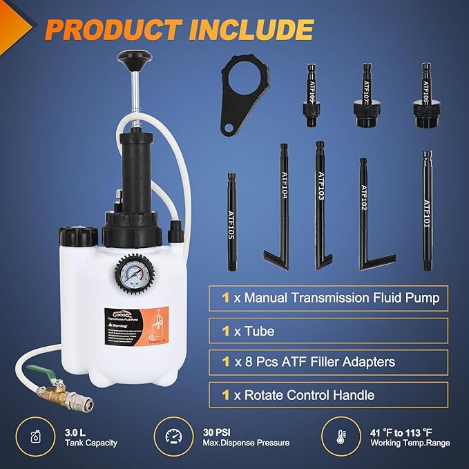 GOOACC Transmission Fluid Pump Kit 3L Automotive Manual Oil Pump Extractor ATF Refill Dispenser Transfer Pump with 8 ATF Filler Adapters Oil Filling Filler Manual System Fluid Extractor Pump Tool Kit
