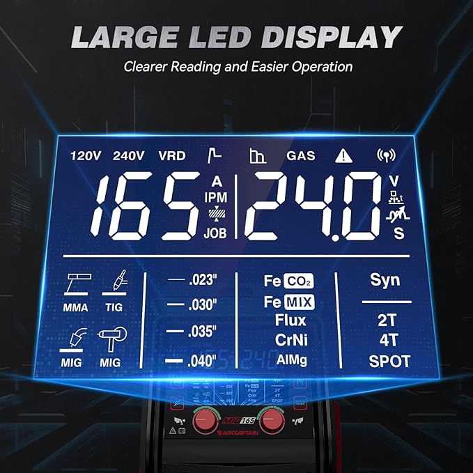ARCCAPTAIN iControl MIG165 Pro MIG Welder 165A 120V 240V Gas MIG/Gasless Flux MIG/MMA Stick/Lift TIG/Spot Welding/Spool Gun Aluminum Welding Machine, 6 in 1 Professional Welder Machine, APP Control