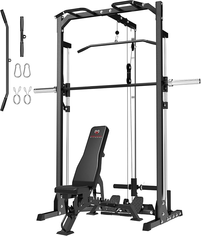 Compact Smith Machine Home Gym - 800lb Barbell Sleeve, Space-Saving Power Cage with LAT Pulldown, Power Rack 5-in-1, 1500lb Capacity for Garage & Small Spaces, P70