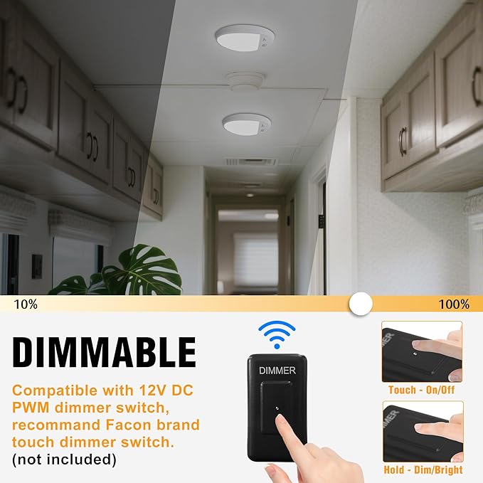 Facon 2Pack 12V DC RV Interior Light with PIR Motion Sensor & 3-Way Switch - Small Oval Pancake Ceiling Dome Light, 6000K Daylight White, ETL Listed for RV, Motorhome, Camper, Boat