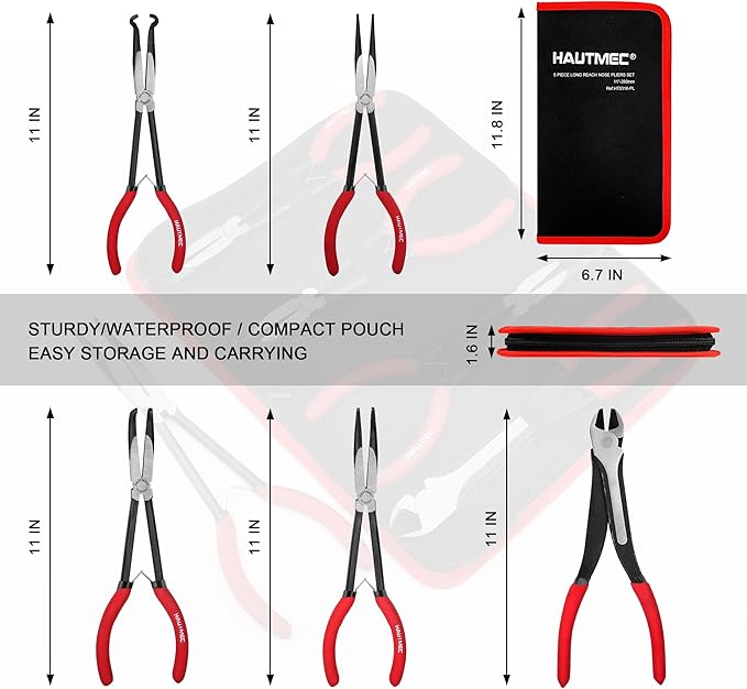 HAUTMEC 11Inch Extra Long Needle Nose Pliers Set, 5PCS Spring Loaded Heavy Duty Long Reach Pliers Include Hose Grip and Diagonal Cutting Plier, Straight and 45/90 Degree Bent Nose Pliers