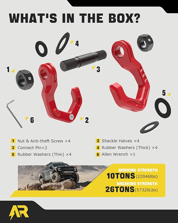 D Ring Shackles, 3/4" Separate Shackles with 7/8" Pin, Heavy Duty Recovery Shackle 57320lbs Break Strength, 4x4 Off-Road Recovery Towing Winch Shackles for Trucks, Red Red 2-Pack