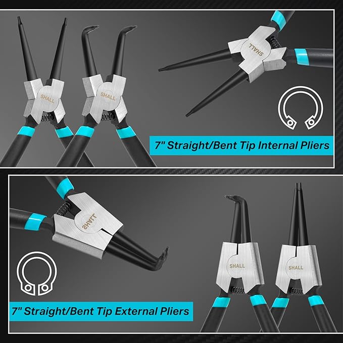 SHALL 4PCS Snap Ring Pliers Set, 7-Inch Internal External Circlip Pliers, Straight Bent C-clip Pliers Lock Ring Pliers, 5/64" Tip, Heavy Duty Reverse Pliers for Ring Remover Retaining w/Portable Pouch