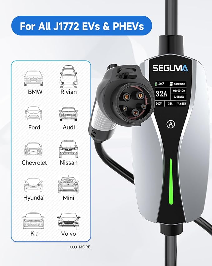 Level 2 EV Charger(32A, 240V, NEMA 14-50 Plug), Portable Electric Car Charger with 25ft Extension Cable, Adjustable Current, Home Outdoor Level 2 Mobile Electric Vehicle Charging Station