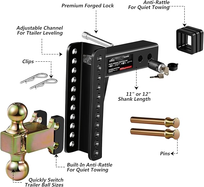 Adjustable Trailer Hitch, Fits 2.0-Inch Receiver, 8-Inch Drop/Rise,2" & 2-5/16" Ball Hitches for Trucks, 18,000 LBS GTW - Receiver Hitch with Anti-Theft Pin, Solid Ball Mount, BLK,X-452008