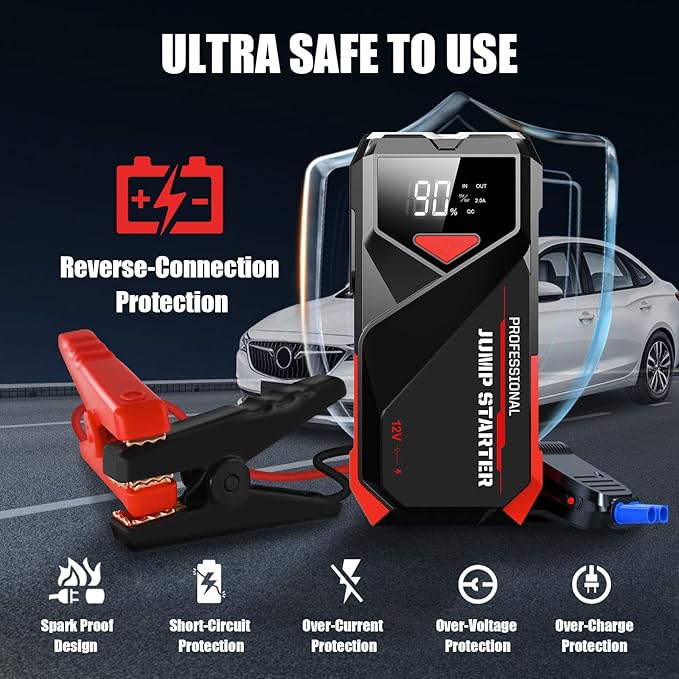 Car Battery Jumper Starter Portable: 2500A Car Jump Starter with LCD Display - 12V Auto Jump Starter Battery Pack with Jumper Cables - Jump Box for Car Battery 8.0L Gas & 7.0L Diesel Engine, Black