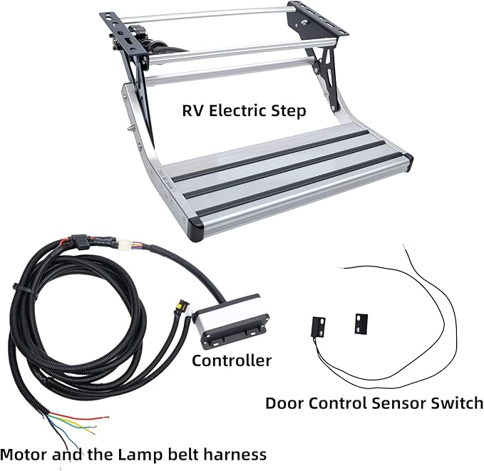Electric Retractable RV Steps with LED Lighting, 400 LBS Load Capacity, Foldable Aluminum Alloy Camper Steps, Thickened Steel Plate Trailer Steps, Non-Slip Design, Ideal for RV, Trailer, Camper