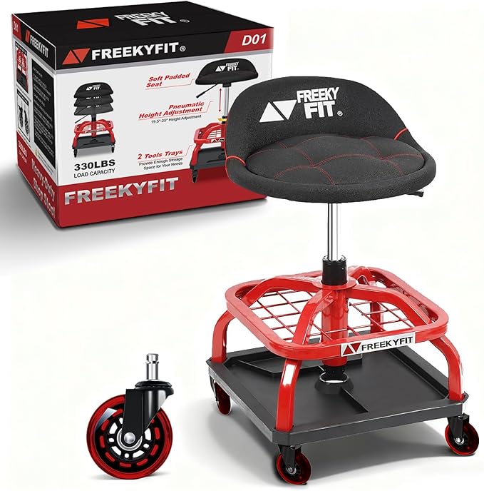 Rolling Stool with Red Wheels, Heavy Duty Garage Work Mechanic Rolling Shop Stool with Backrest, Adjustable Height 360°Swivel Roller Mechanic Chair with 2 Tool Trays, 330 LBS Capacity