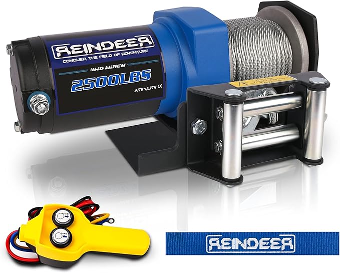 REINDEER New 12V Winch 2500lb Load Capacity Electric Winch Kit for ATV UTV Steel Cable Wire Rope with Hawse Fairlead Waterproof IP67 with Handheld Remotes