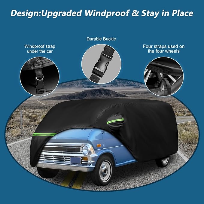 Waterproof Car Covers for 1961-1974 Falcon Club Wagon E-100,Econoline E-100 Van,420D Oxford Cloth Sun Heat Protection Outdoor Full Covers with Driver Side Zipper Windproof Heavy Duty All Weather