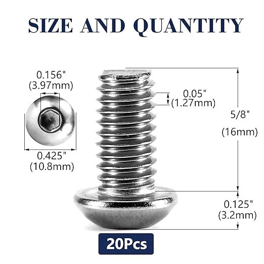 1/4-20 x 5/8" Button Head Socket Cap Bolts Screws, 20Pcs 304 Stainless Steel 18-8, Allen Hex Drive, Bright Finish by SG TZH(with Hex Spanner)
