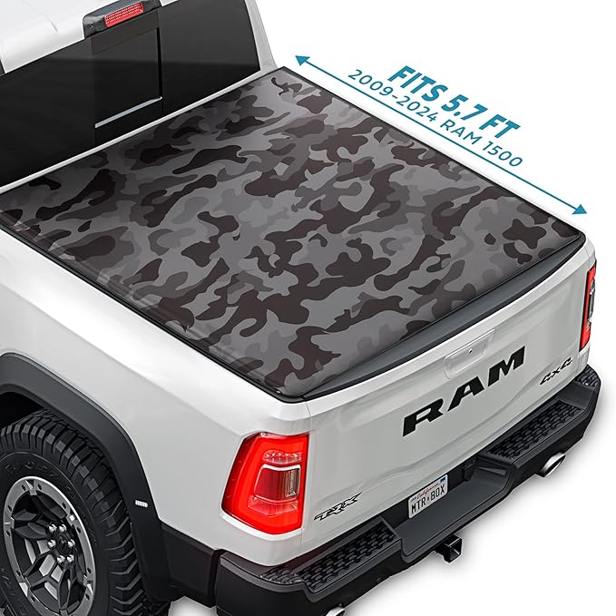 Camo Tonneau Cover for Ram 1500 (2009-2025) / Ram 2500 & 3500 (2009-2025) with Extra Short 5.7 ft Bed Length, Soft Roll-Up All-Weather Retractable Truck Bed Cover Urban Camo (NO RAMBOX)
