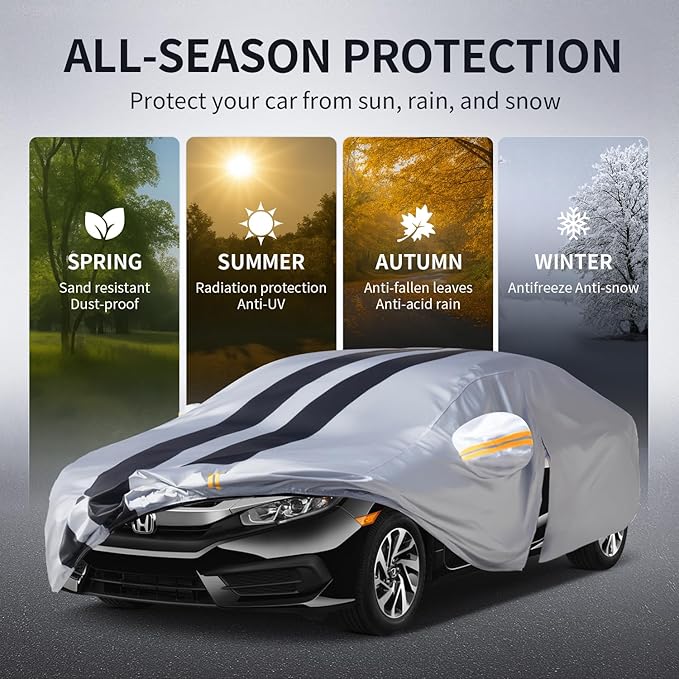 10 Layers Sedan Car Cover Custom Fit for Honda Civic(1973-2025), 100% Waterproof All Weather for Automobiles, Gift with Towel, Heavy Duty Car Covers for Rain Sun UV Protection with Door Zipper.