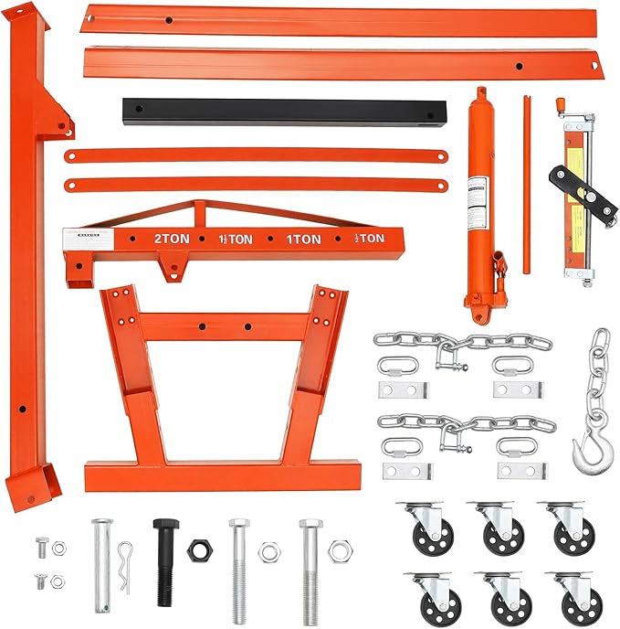 2 Ton Folding Hydraulic Engine Hoist with Load Leveler 4400 LBS Capacity Heavy Duty Cherry Picker 6 Swivel Wheels&Hydraulic Pump Adjustable Boom (0.5T-2T) for Garage Workshop Warehouse Orange