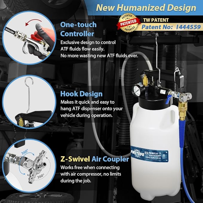 FIRSTINFO A1133NUSY2 Patented 8.5 Liter 16 Pcs Taiwan-ATF Filler Adapters | Pneumatic Transmission Fluid Dispenser Pump | Hanging Hook | 360° Z-Swivel Air Inlet | Spring Structure Hose