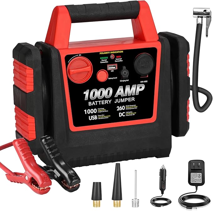 Car Battery Jump Starter-1000Amp 12V Lead-Acid Battery Jump Box with 260PSI Air Compressor, 10000 mAh Portable Power Station, Jump Pack for Vehicles Up to 5L Gas or Diesel