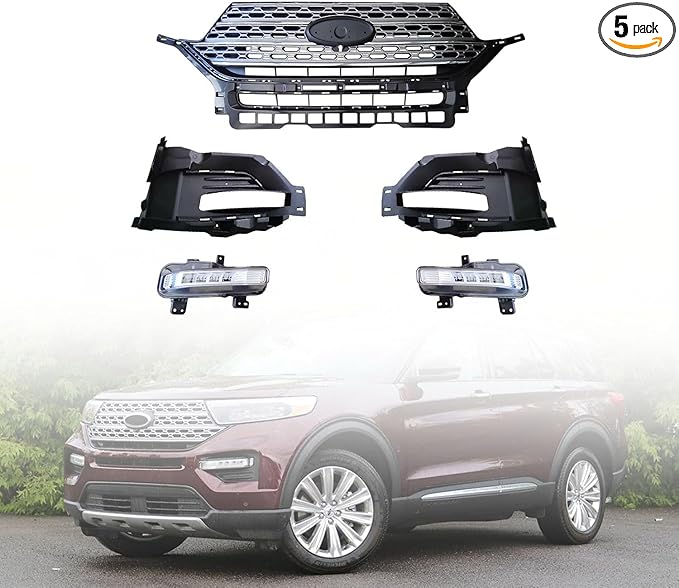 Front Upper Grille Kit with Fog Lights Compatible with 2020 2021 2022 Fo-rd Explorer, Replaces LB5Z-15266-AA, LB5Z-15266-AB