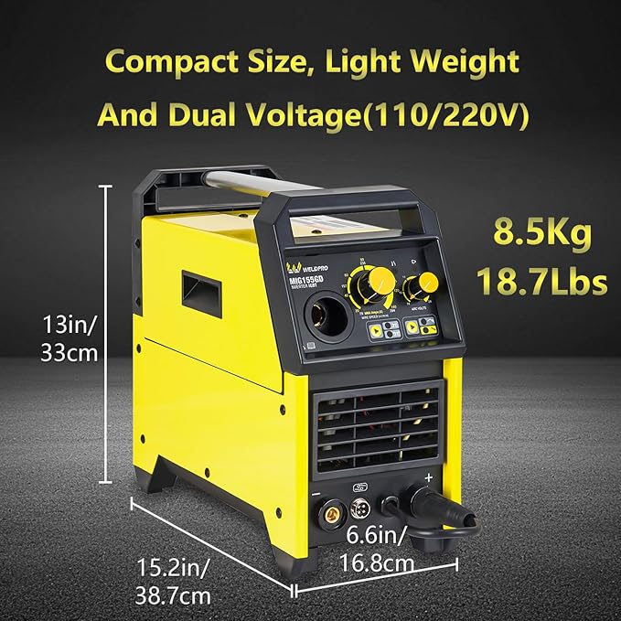 Weldpro 155 Amp MIG Welder, 110V/220V Flux Core MIG/Gas MIG/Spool Gun/Stick 4 in 1 Welding Machine with Synergy, IGBT Inverter Portable Gasless Welder Equipment, Aluminum Spool Gun Compatible