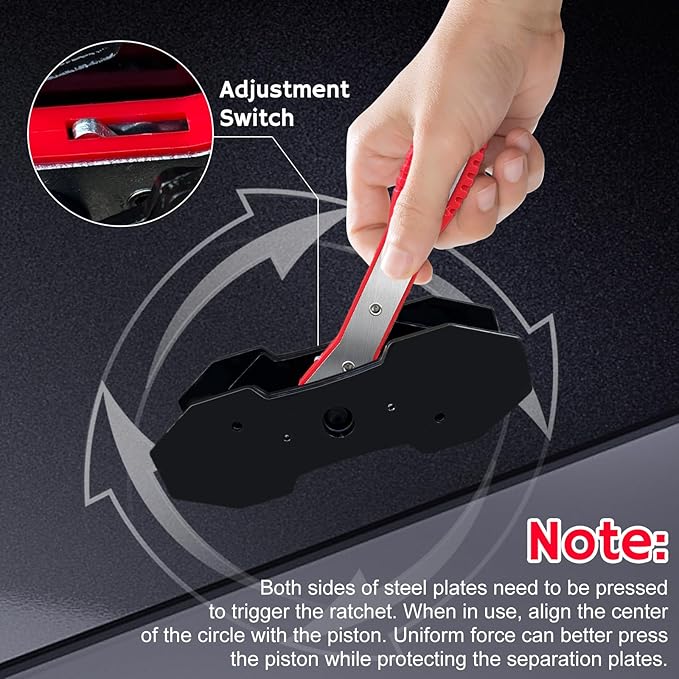 Brake Caliper Compression Tool with 2 PCS Plates, 360° Ratchet Piston Compressor, with 4 PCS Caliper Hangers, Press Tool for Single Twin Quad Sextuplet Piston Disc Brake Caliper,Red