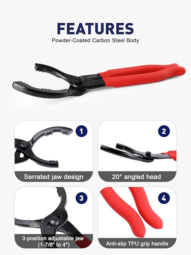 SMART JERRY - Adjustable Oil Filter Wrench | Motorcycle Oil Change Tool | 12'' Oil Filter Pliers for Engine Filter, Conduit, PVC Fitting | Fuel Filter Removal Tool Fit 1-7/8" to 4" Filter