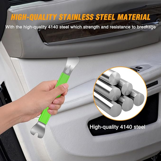 GOOACC 11 PCS Trim Removal Tool Kit, Metal Pry Tool Auto Fastener Remover Pry Bar Set Car Door Panel Removal Tool Dashboard Repair Kit Green